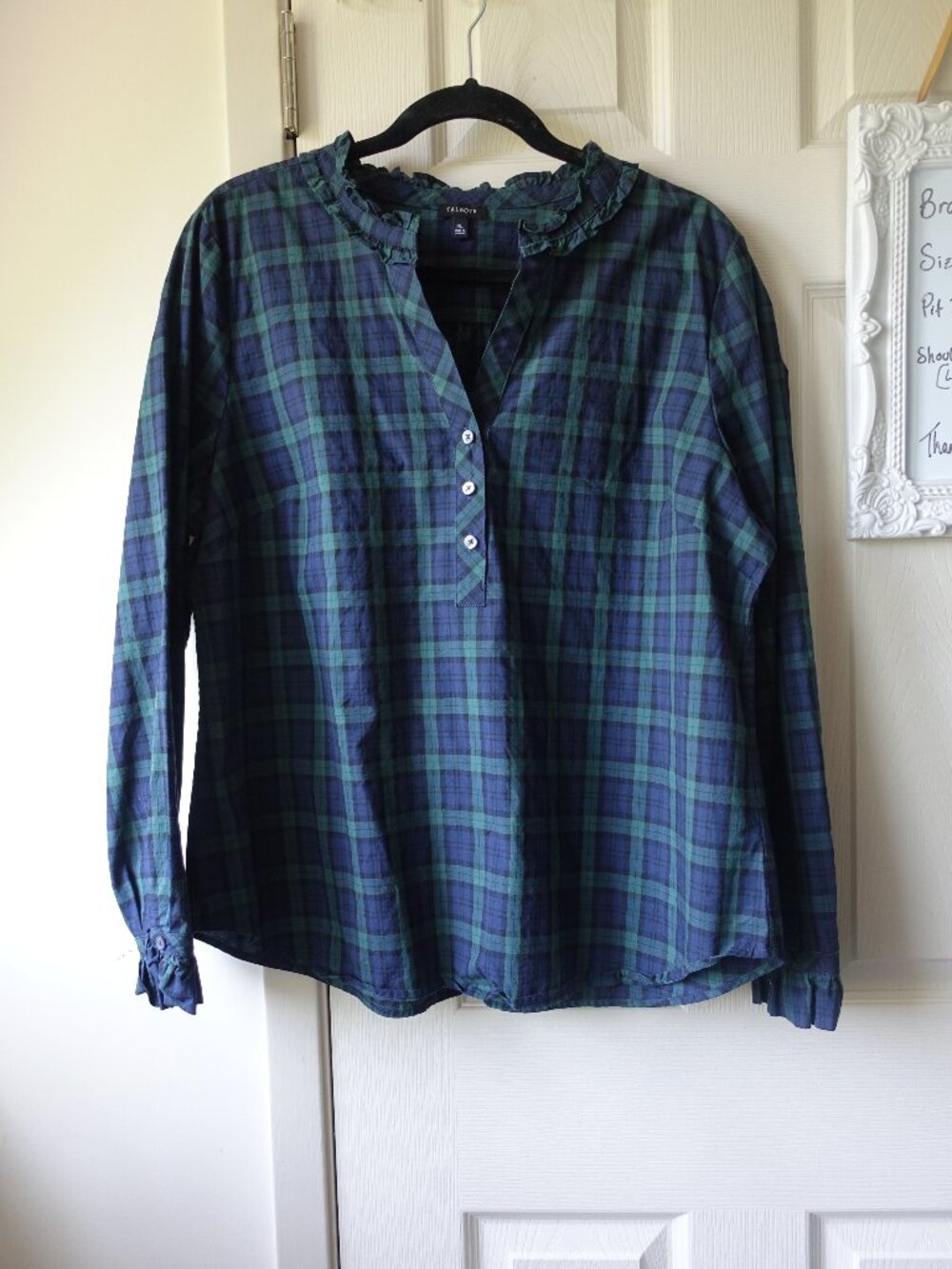 Talbots Navy and Green Plaid Ruffle-Neck Button Front Shirt